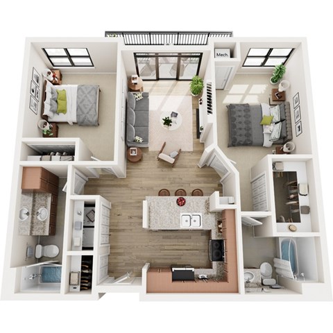 Floor plan for 2 beds, 2 baths, 1203 sqft